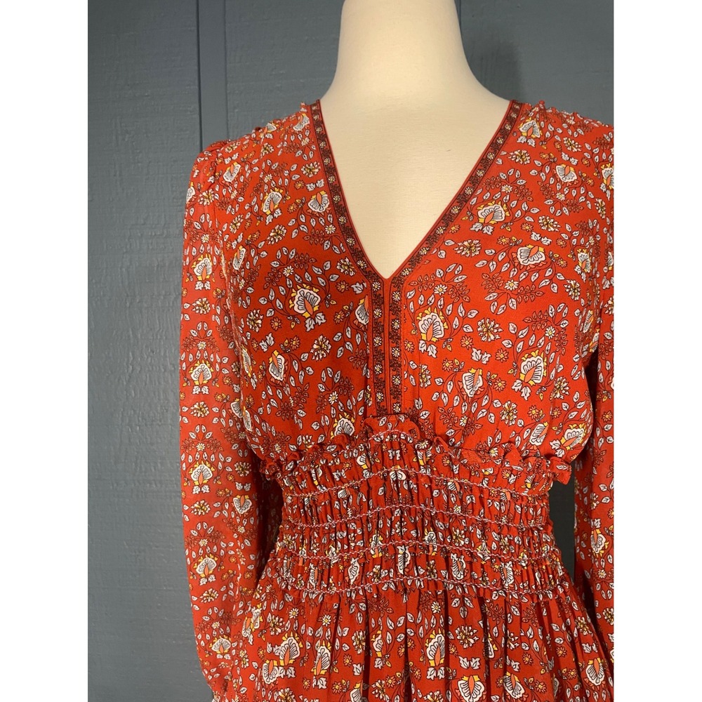 Nielraann Orange Floral Smocked Waist Tiered Ruffle Long Sleeve V Neck Mini Dres - Picture 3 of 5